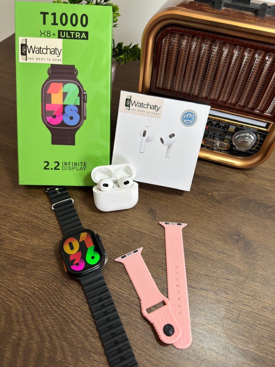 ساعة T1000 Ultra 2 (الباكت العريض) + سماعة AirPods Pro Copy (أي نوع) + ستراب سيليكون