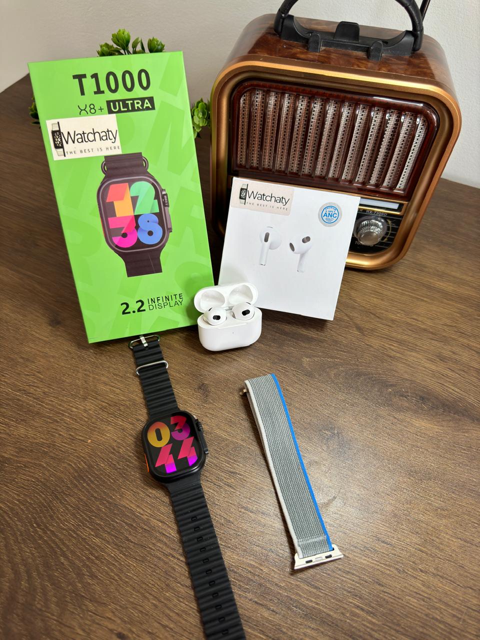 ساعة T1000 Ultra 2 (الباكت العريض) + سماعة AirPods Pro Copy (أي نوع) + ستراب سيليكون