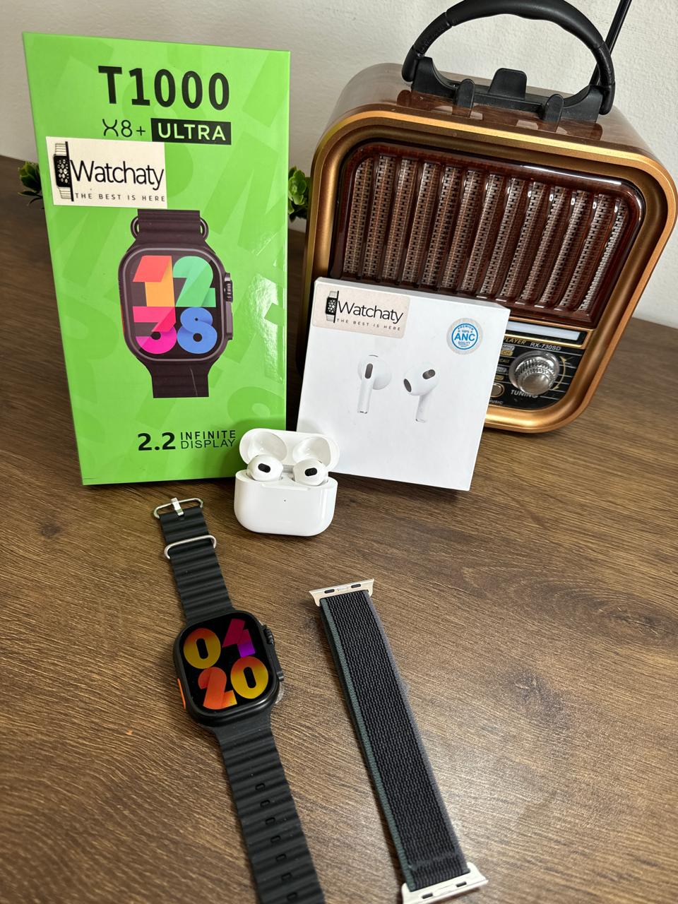 ساعة T1000 Ultra 2 (الباكت العريض) + سماعة AirPods Pro Copy (أي نوع) + ستراب سيليكون