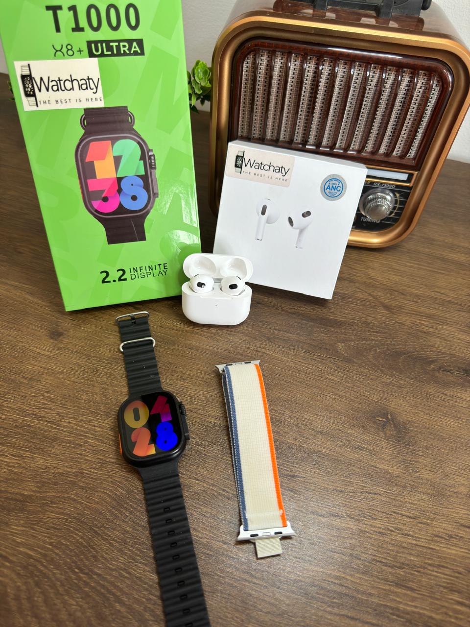 ساعة T1000 Ultra 2 (الباكت العريض) + سماعة AirPods Pro Copy (أي نوع) + ستراب سيليكون