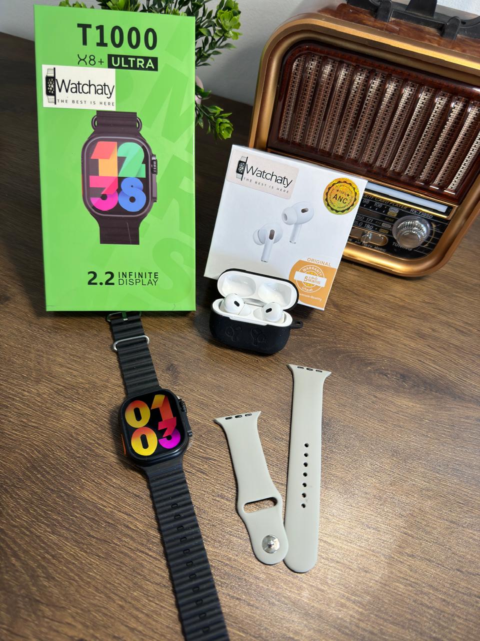 ساعة T1000 Ultra 2 (الباكت العريض) + سماعة AirPods Pro Copy (أي نوع) + ستراب سيليكون