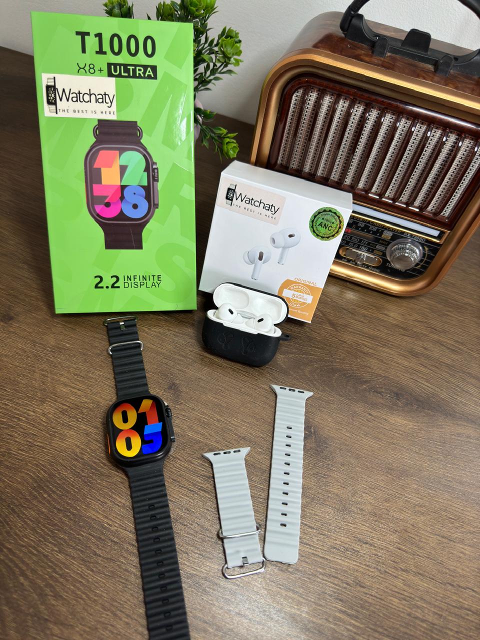 ساعة T1000 Ultra 2 (الباكت العريض) + سماعة AirPods Pro Copy (أي نوع) + ستراب سيليكون