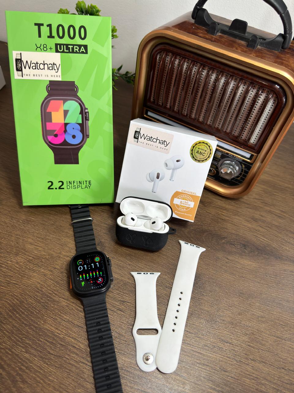 ساعة T1000 Ultra 2 (الباكت العريض) + سماعة AirPods Pro Copy (أي نوع) + ستراب سيليكون
