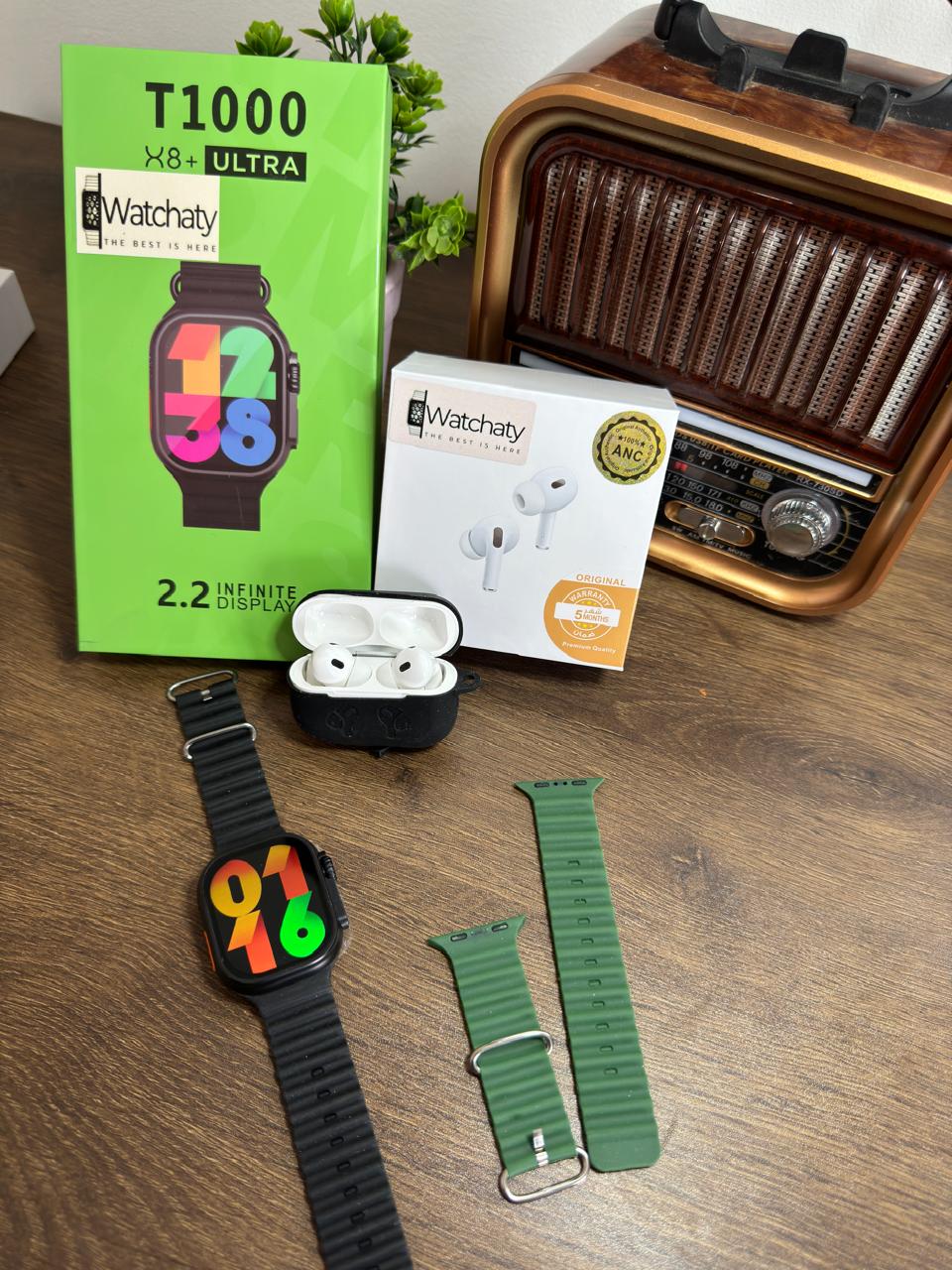 ساعة T1000 Ultra 2 (الباكت العريض) + سماعة AirPods Pro Copy (أي نوع) + ستراب سيليكون