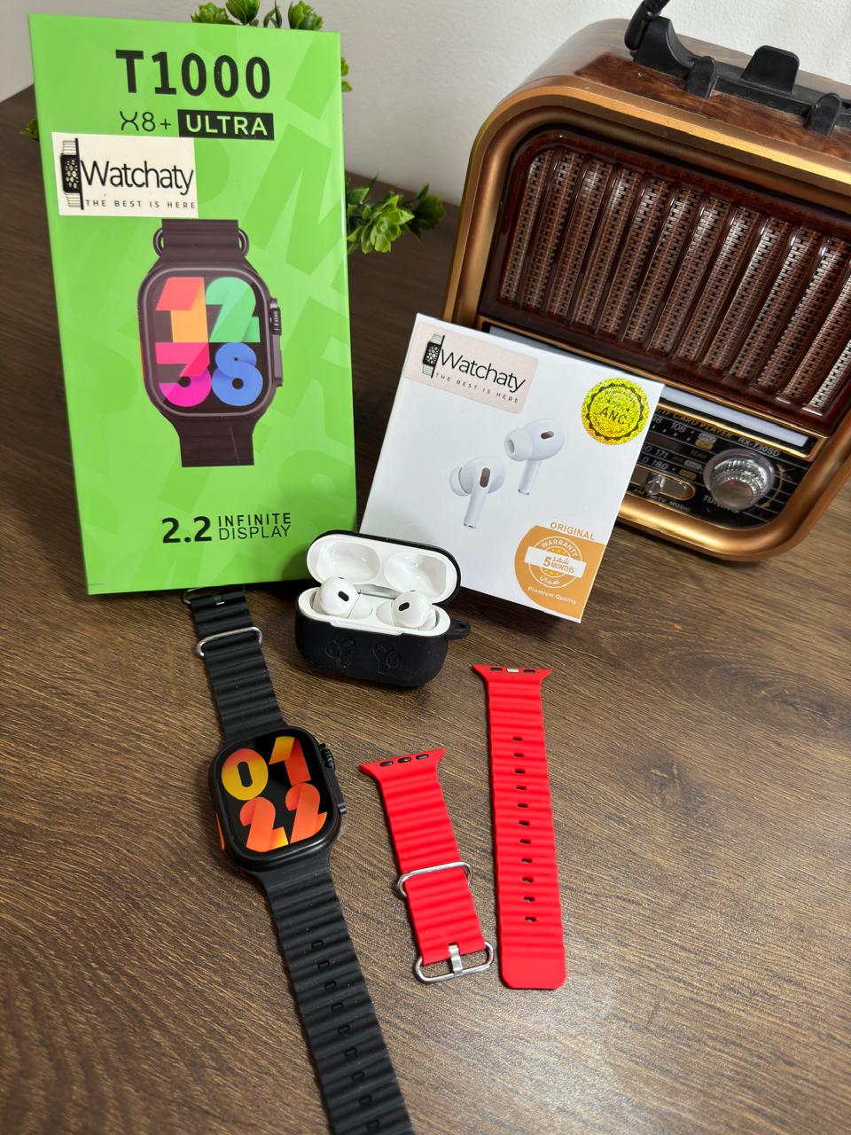 ساعة T1000 Ultra 2 (الباكت العريض) + سماعة AirPods Pro Copy (أي نوع) + ستراب سيليكون