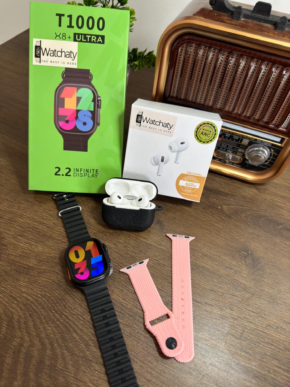 ساعة T1000 Ultra 2 (الباكت العريض) + سماعة AirPods Pro Copy (أي نوع) + ستراب سيليكون