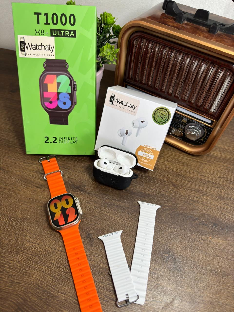 ساعة T1000 Ultra 2 (الباكت العريض) + سماعة AirPods Pro Copy (أي نوع) + ستراب سيليكون