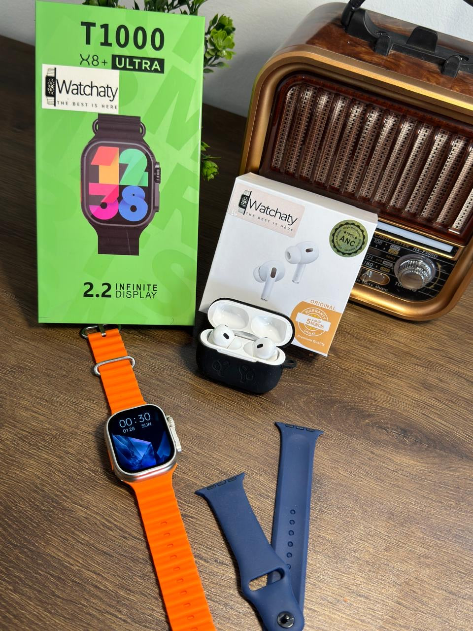 ساعة T1000 Ultra 2 (الباكت العريض) + سماعة AirPods Pro Copy (أي نوع) + ستراب سيليكون